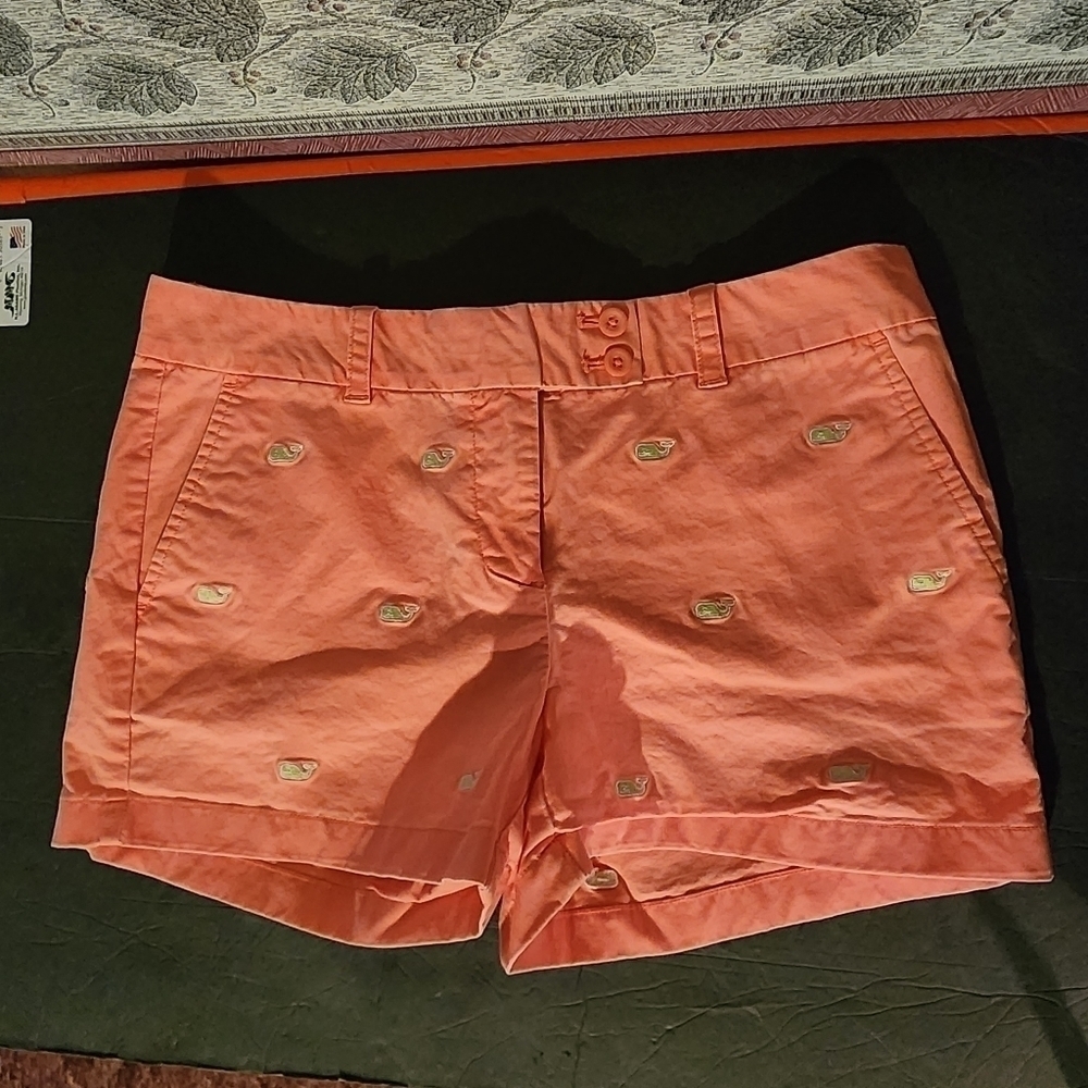 Vineyard Vines Coral Shorts with Embroidered Whale Motif